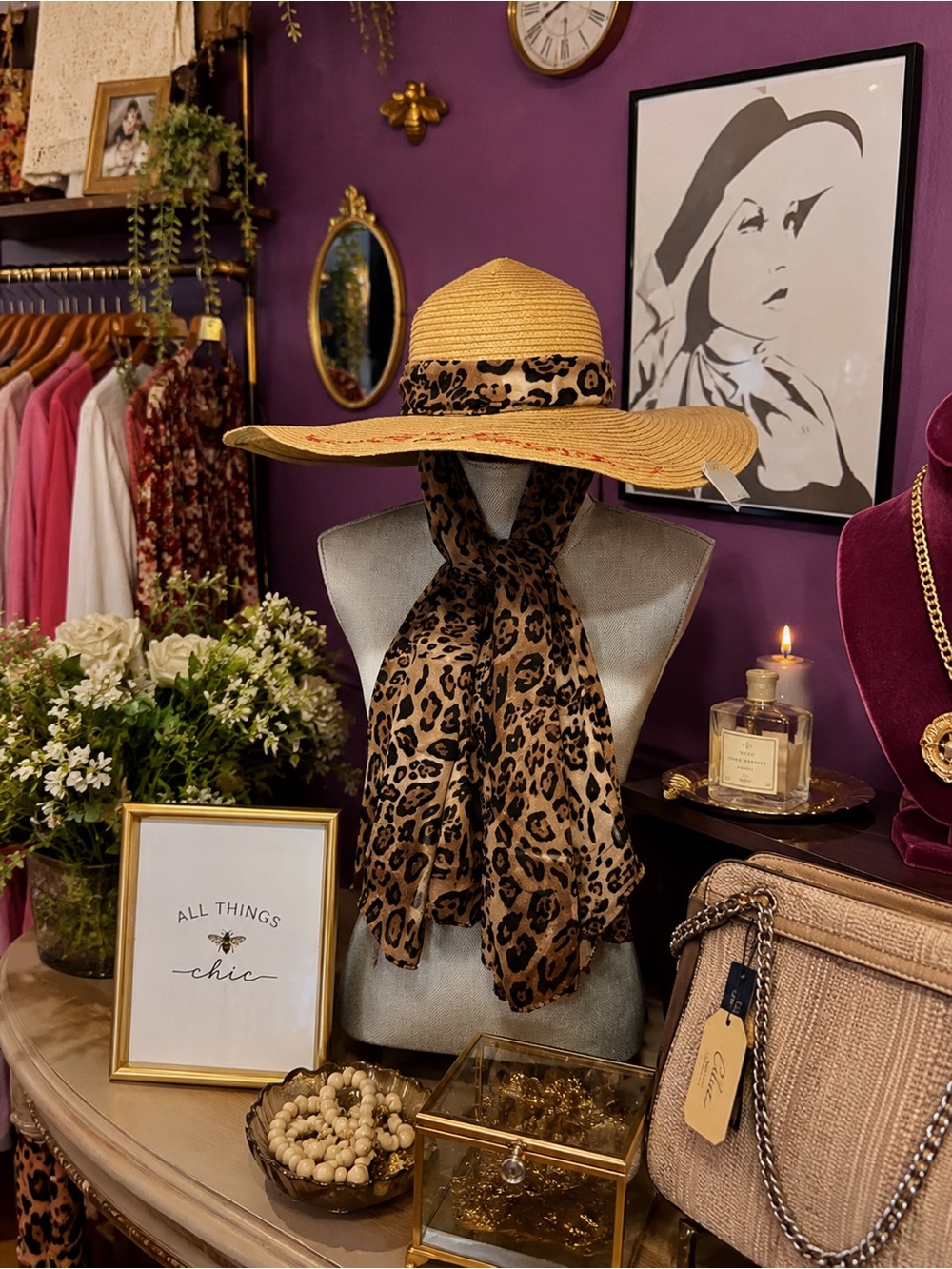 Ed Hardy Wide Brim Straw Sun Hat with Leopard Scarf